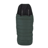 Green sleeping bag with black hood on a white background