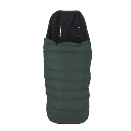 Green sleeping bag with black hood on a white background