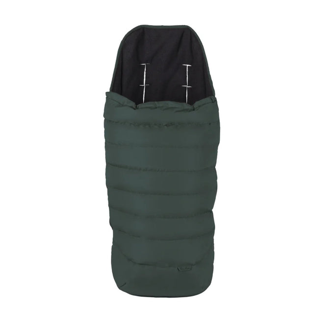 Green sleeping bag with black hood on a white background