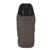 Gray sleeping bag with black top on a white background