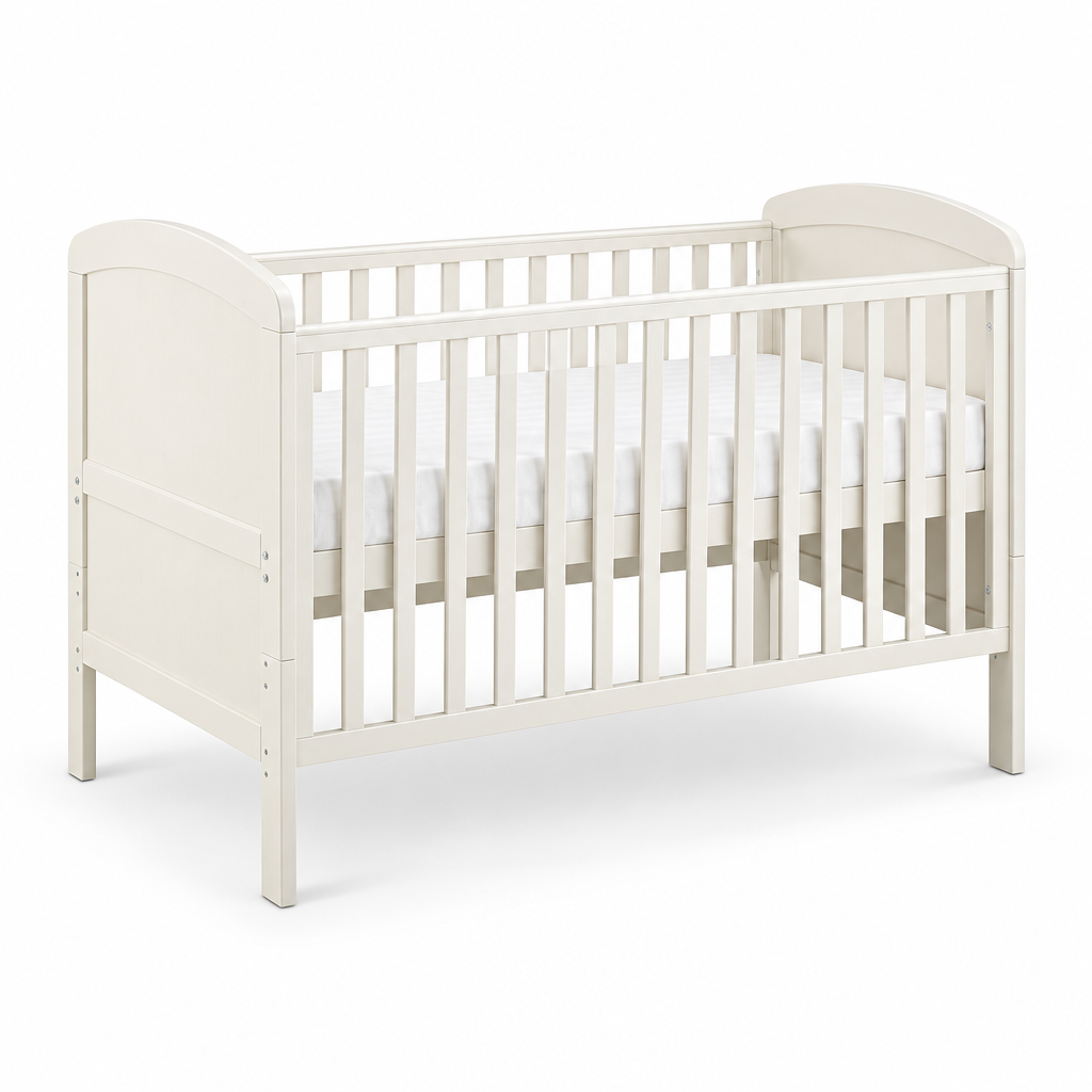 An off-white wooden convertible crib with a mattress, shown from a three-quarter angle on a clean white background.