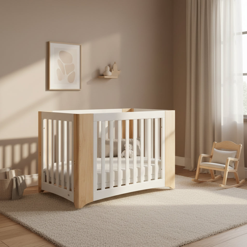 Cocoon Evoluer 4 in 1 Nursery Furniture System - Bassinet, Cot, Toddler Bed & Sofa, White/Natural