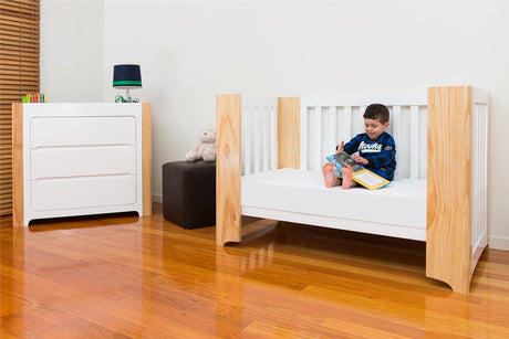 Cocoon Evoluer 4-in-1 Cotbed + Change Area Dresser + Mattresses, White / Natural