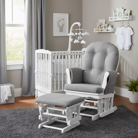 Brompton Baby Nursing Glider & Footstool – Suedette Comfort with Smooth Glide, White / Grey.