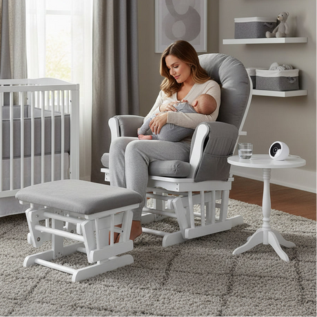 Brompton Baby Nursing Glider & Footstool – Suedette Comfort with Smooth Glide, White / Grey.