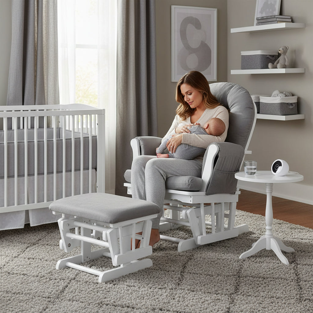 Brompton Baby Nursing Glider & Footstool – Suedette Comfort with Smooth Glide, White / Grey.
