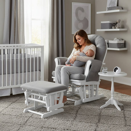 Brompton Baby Nursing Glider & Footstool – Suedette Comfort with Smooth Glide, White / Grey.