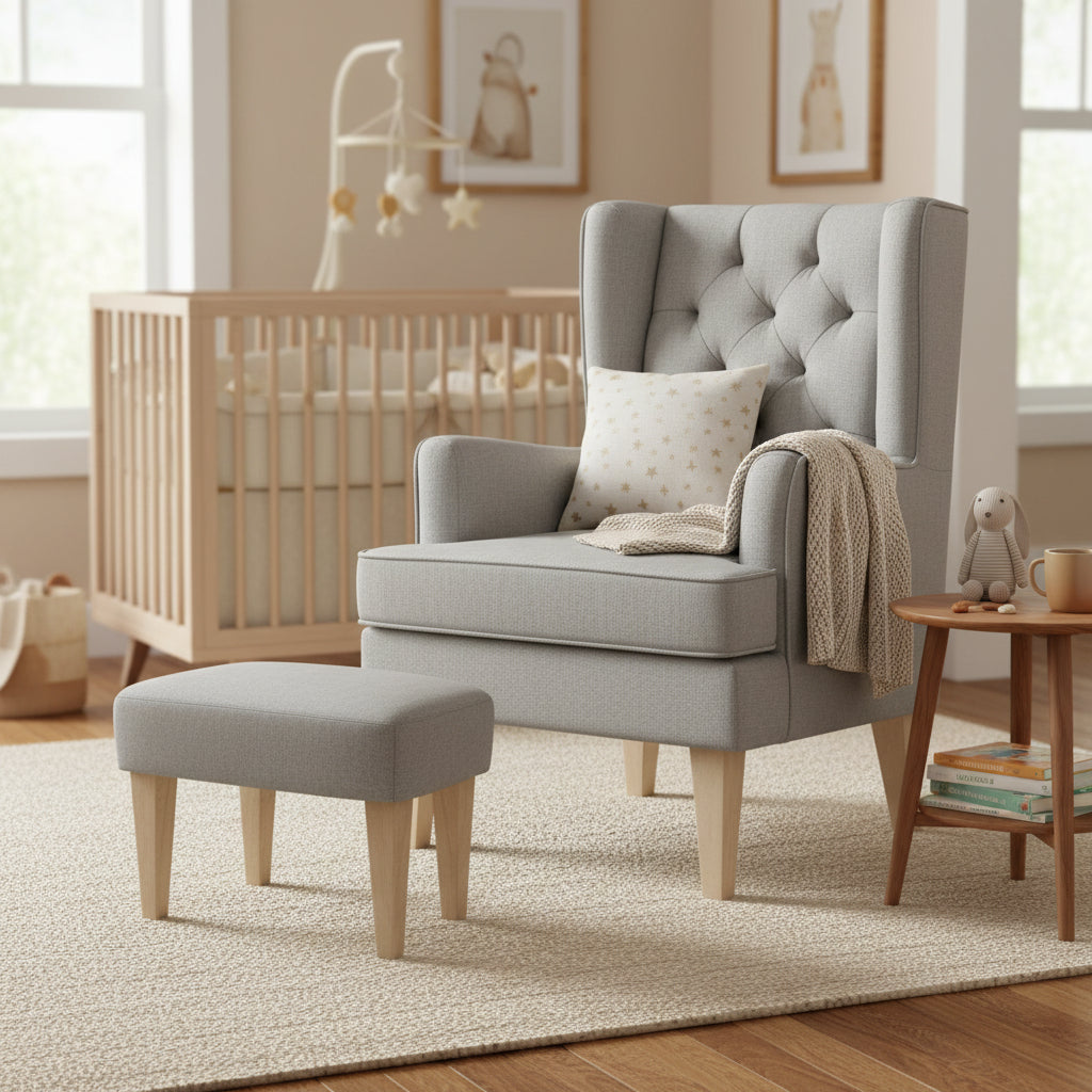 Johnston's Soothe Easy Deluxe Nursing Chair & Rocker with Foot Stool, Grey / Beechwood