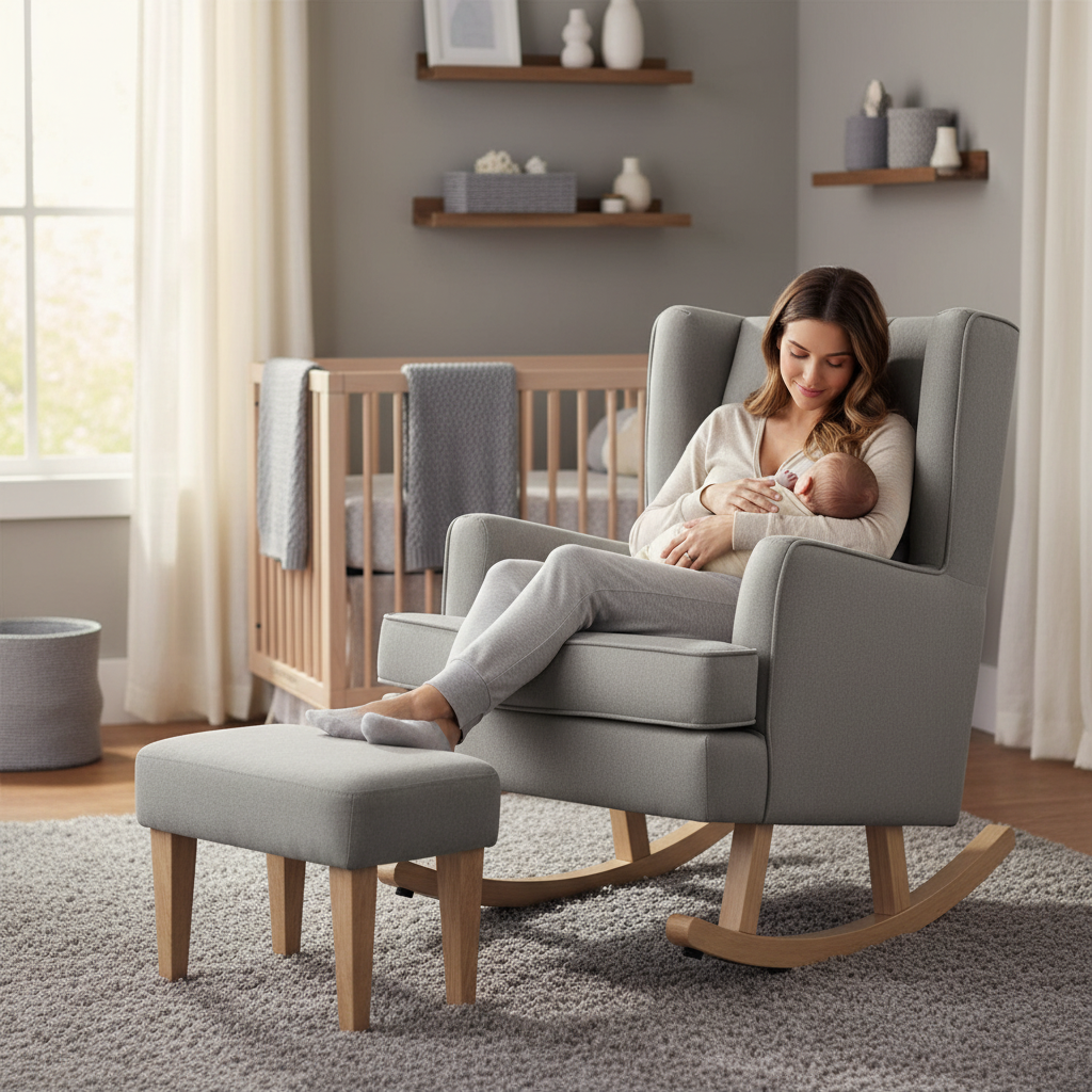 Johnston's Soothe Easy Deluxe Nursing Chair & Rocker with Foot Stool, Grey / Beechwood