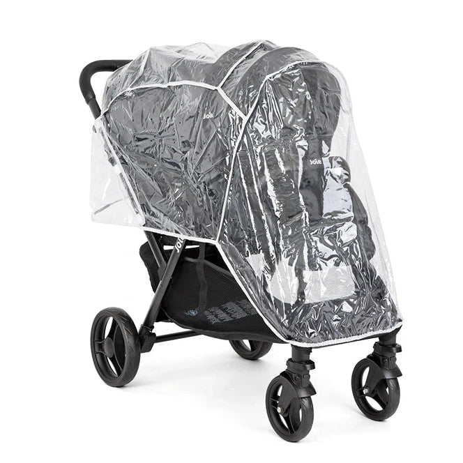 Black stroller with a clear rain cover on a white background