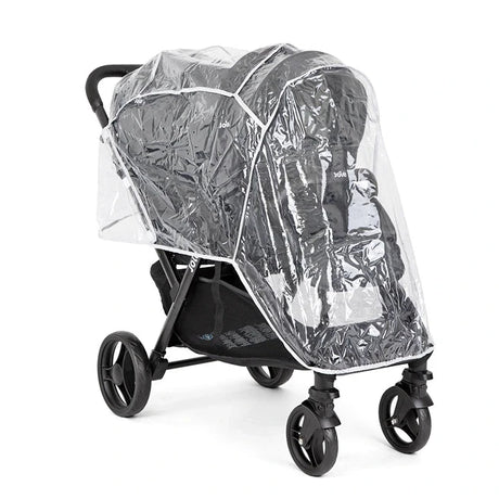 Black stroller with a clear rain cover on a white background