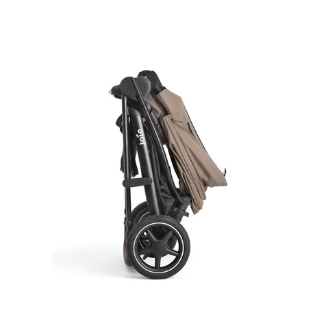 A folded stroller shown in profile on a clean white background. The stroller frame is black, and it is covered with a taupe-brown protective cover or liner.