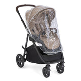 A stroller with a beige baby seat liner and a clear plastic rain cover, shown on a white background.