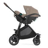 A Jojo baby stroller and car seat combo in taupe and black, shown from a side profile view against a solid white background.