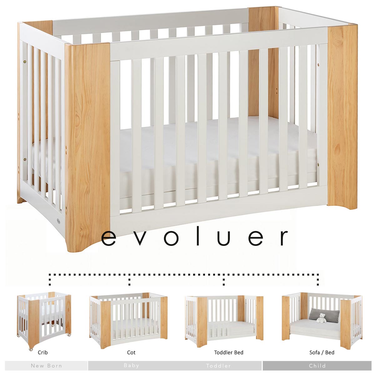 Cocoon Evoluer 4 in 1 Nursery Furniture System - Bassinet, Cot, Toddler Bed & Sofa, White/Natural