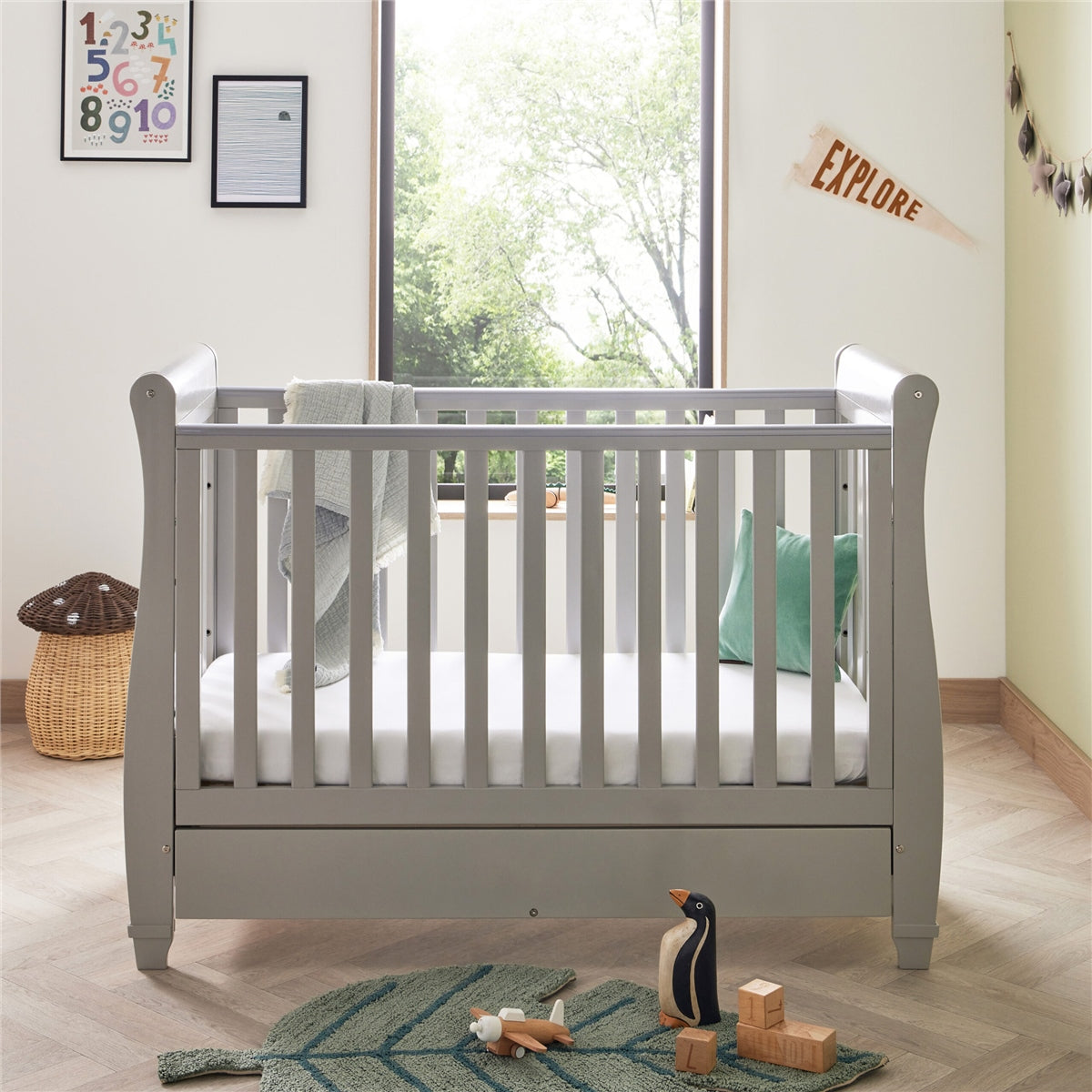 Babymore Eva Sleigh Cot Bed Dropside with Drawer
