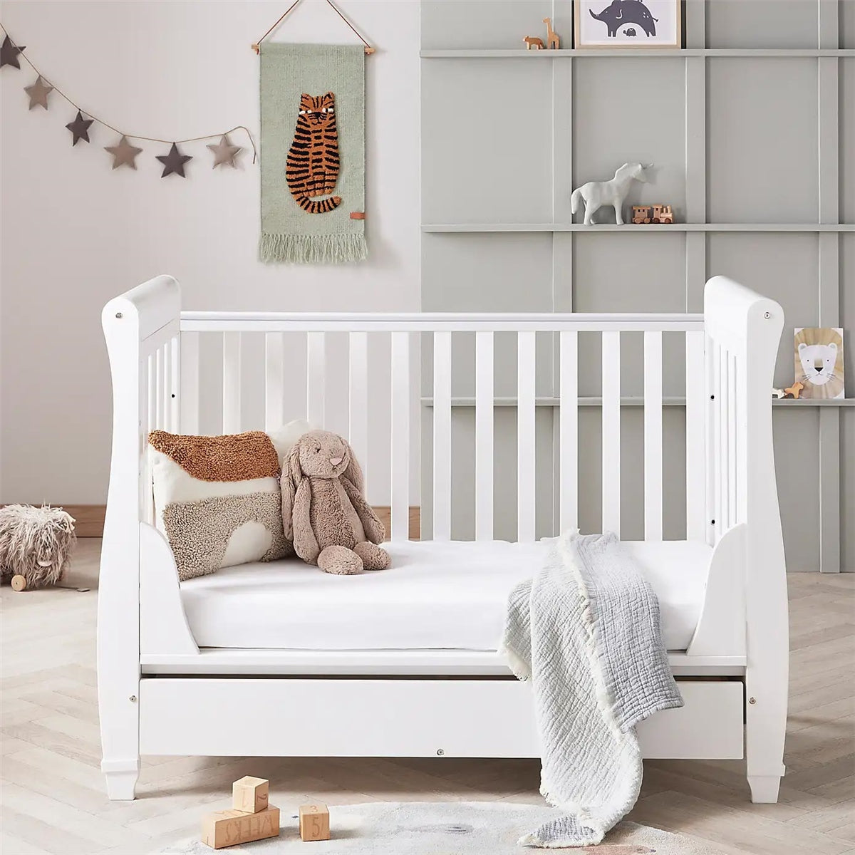 Babymore Eva Sleigh Cot Bed Dropside with Drawer