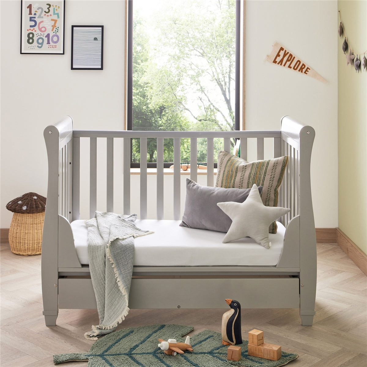 Babymore Eva Sleigh Cot Bed Dropside with Drawer