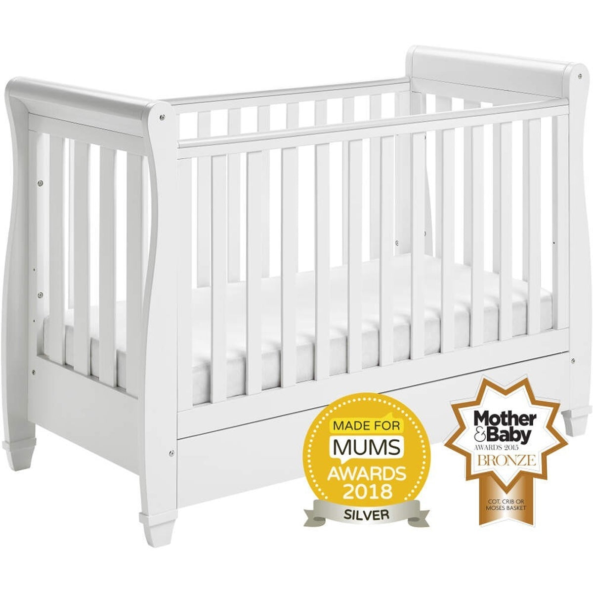Babymore Eva Sleigh Cot Bed Dropside with Drawer