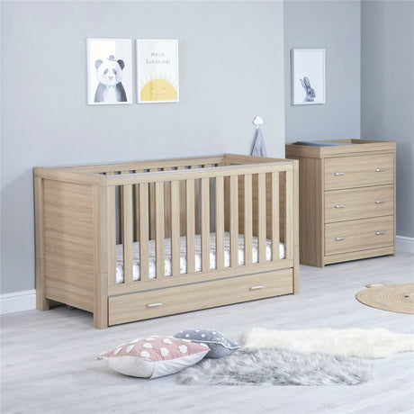 Babymore Luno 2 Piece Nursery Furniture Set with Drawer - Cot Bed with Drawer & Chest Changer