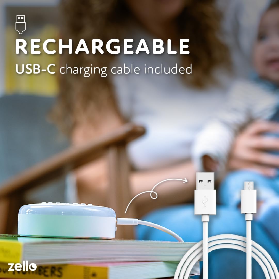 Zello Portable White Noise Machine Baby Sleep Aid – Simple Sound Machine with Gentle Night Light, Rechargeable for Home, Travel, Pram, Pushchair & Nursery