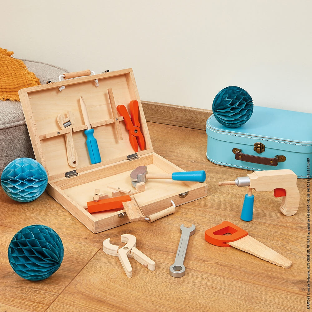 Janod Brico'Kids Wooden DIY Tool Box for Kids + 9 Imitation Toy tools