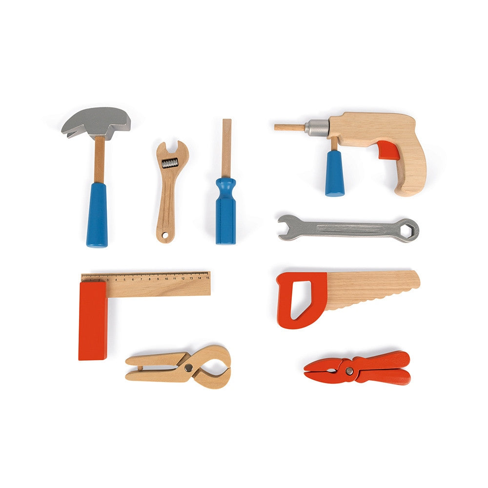 Janod Brico'Kids Wooden DIY Tool Box for Kids + 9 Imitation Toy tools