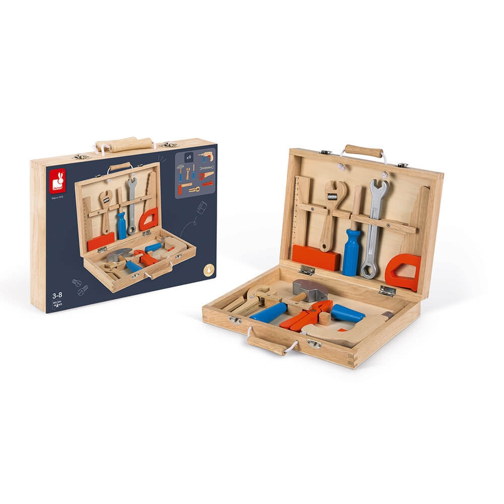 Janod Brico'Kids Wooden DIY Tool Box for Kids + 9 Imitation Toy tools