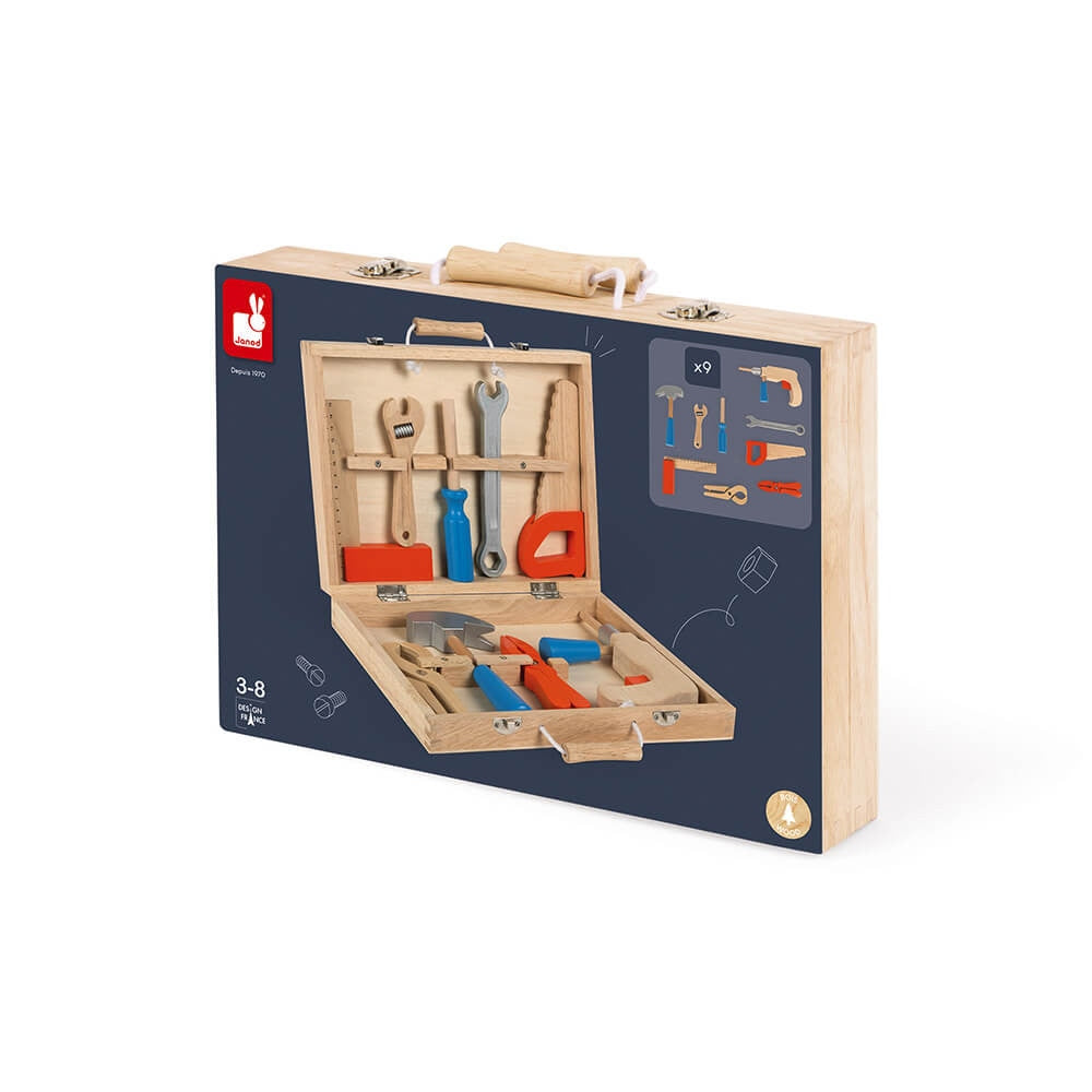 Janod Brico'Kids Wooden DIY Tool Box for Kids + 9 Imitation Toy tools