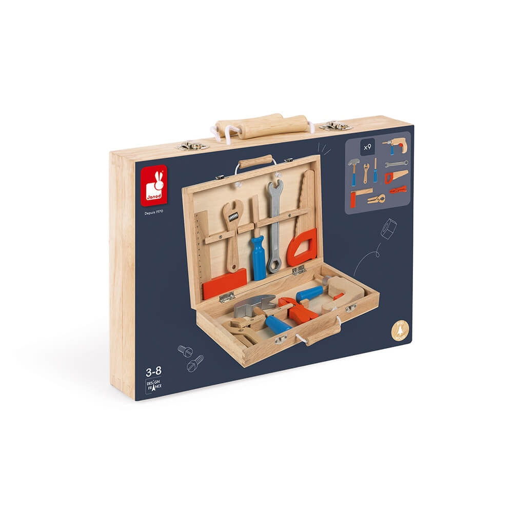 Janod Brico'Kids Wooden DIY Tool Box for Kids + 9 Imitation Toy tools