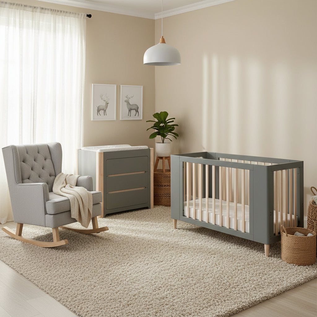 Collection of gray nursery furniture including a crib, rocking chair, and changing table on a white background.