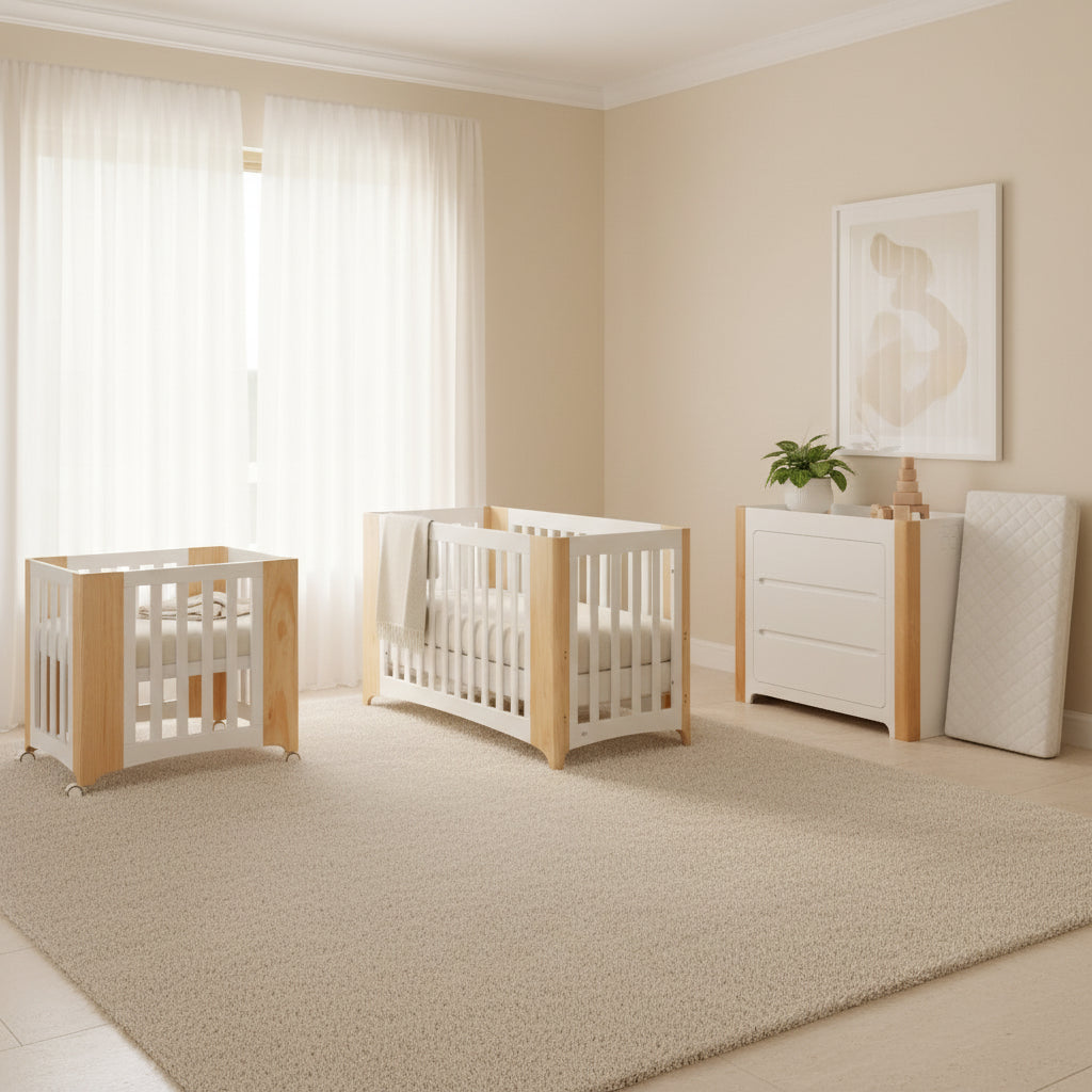 Cocoon Evoluer 4-in-1 Cotbed + Change Area Dresser + Mattresses – White / Natural