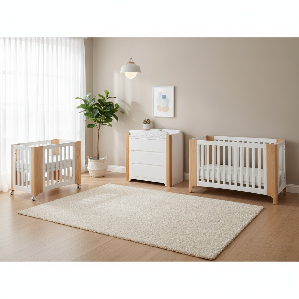Cocoon Evoluer 4-in-1 Cotbed + Change Area Dresser + Mattresses – White / Natural