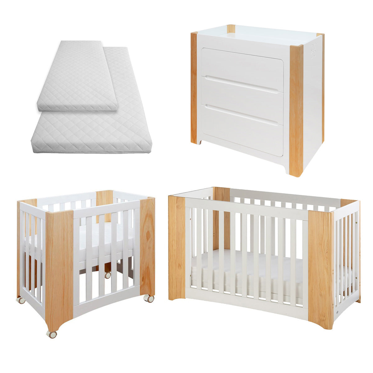 Cocoon Evoluer 4-in-1 Cotbed + Change Area Dresser + Mattresses – White / Natural