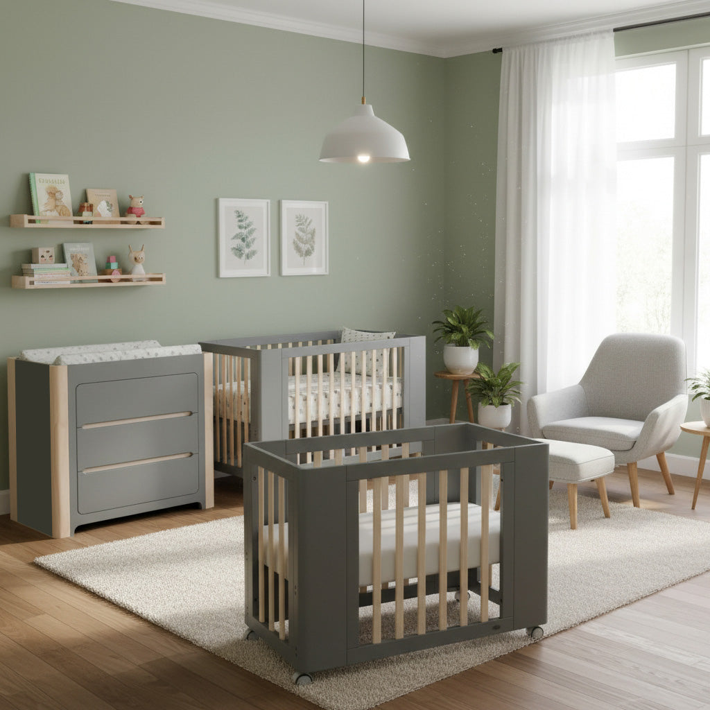 Nursery room with gray cribs, changing table, and decor elements.