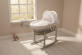 Cuddles Collection Grey Wicker Moses Basket, White Dimples