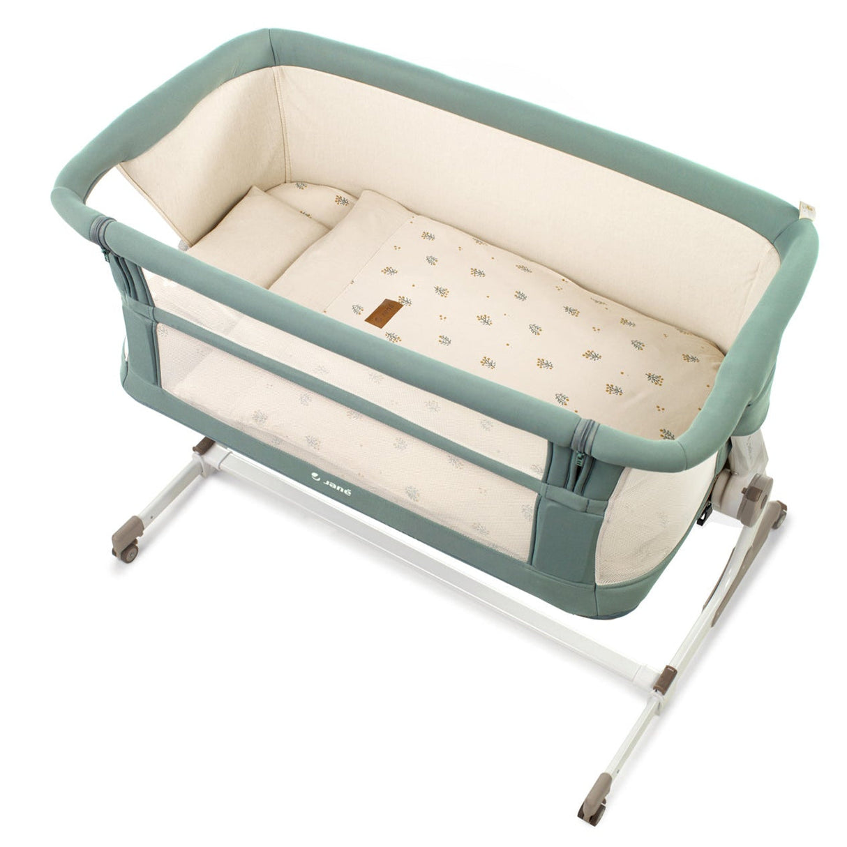 Jane Baby Side Crib + 4 Piece Bedding Set & Safety Mattress, Botanic