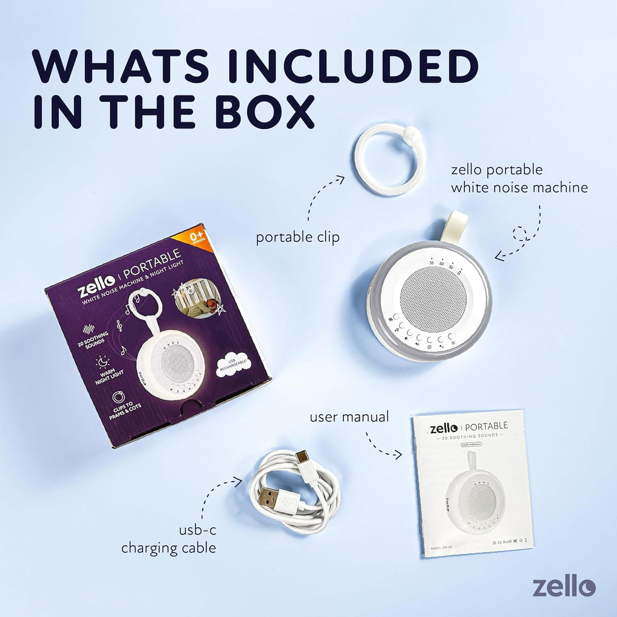 Zello Portable White Noise Machine Baby Sleep Aid – Simple Sound Machine with Gentle Night Light, Rechargeable for Home, Travel, Pram, Pushchair & Nursery