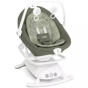 A Jola baby bassinet and seat attachment with a sage green patterned fabric insert and a white plastic frame, shown on a solid white background.