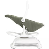 An infant car seat with an olive green fabric liner and a white plastic frame, shown from a side profile view against a solid white background.