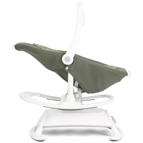 An infant car seat with an olive green fabric liner and a white plastic frame, shown from a side profile view against a solid white background.