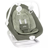 A JoTe baby seat with a white frame and a sage green patterned cushion, shown against a plain white background.