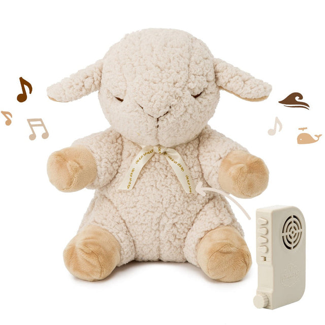 Plush lamb toy with sound module on a white background