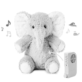 Gray plush elephant toy with a remote control on a white background