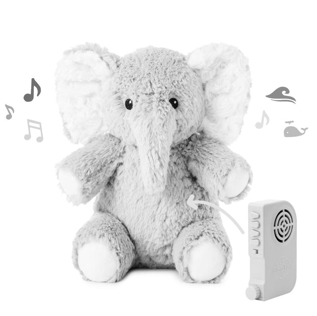 Gray plush elephant toy with a remote control on a white background