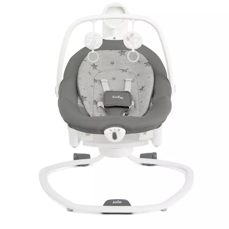 Baby swing with gray seat and white frame on a white background