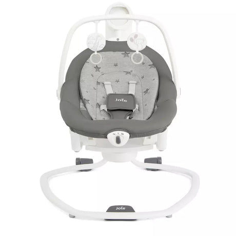 Baby swing with gray seat and white frame on a white background