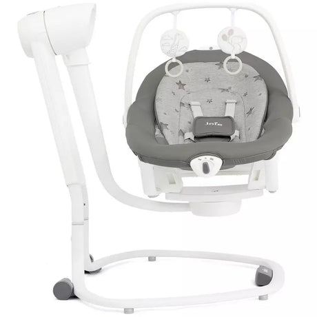 Baby swing with gray seat and white stand on a white background