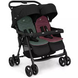 A double stroller with a black frame and canopy, featuring two separate seats with dark green and burgundy fabric, shown on a plain white background.