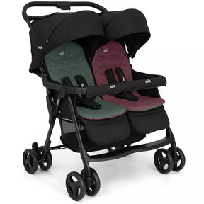 A double stroller with a black frame and canopy, featuring two separate seats with dark green and burgundy fabric, shown on a plain white background.